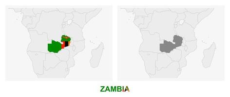 dos versiones del mapa de zambia, con la bandera de zambia y resaltada en gris oscuro. vector