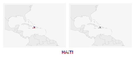 Two versions of the map of Haiti, with the flag of Haiti and highlighted in dark grey. vector