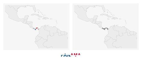 Two versions of the map of Panama, with the flag of Panama and highlighted in dark grey. vector