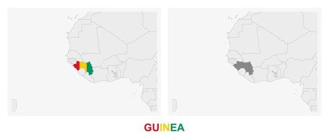 Two versions of the map of Guinea, with the flag of Guinea and highlighted in dark grey. vector