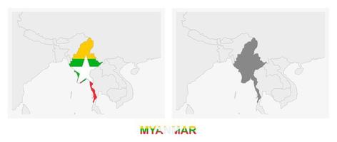 dos versiones del mapa de myanmar, con la bandera de myanmar y resaltada en gris oscuro. vector