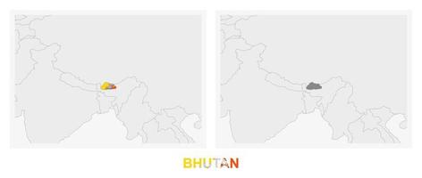 Two versions of the map of Bhutan, with the flag of Bhutan and highlighted in dark grey. vector