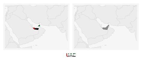 dos versiones del mapa de los emiratos árabes unidos, con la bandera de los emiratos árabes unidos y resaltada en gris oscuro. vector