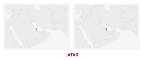 Two versions of the map of Qatar, with the flag of Qatar and highlighted in dark grey. vector