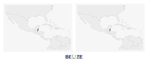 Two versions of the map of Belize, with the flag of Belize and highlighted in dark grey. vector