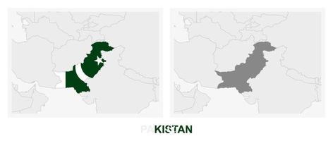 dos versiones del mapa de pakistán, con la bandera de pakistán y resaltada en gris oscuro. vector