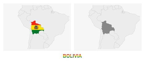 dos versiones del mapa de bolivia, con la bandera de bolivia y resaltada en gris oscuro. vector