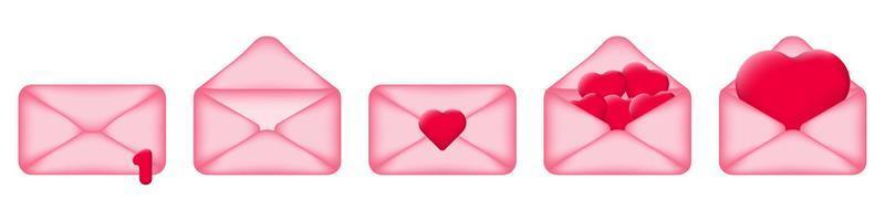 Set of cartoon pink postal envelopes 3d. Icons for email, new message, envelopes with hearts. Love letter concept. Vector illustration.