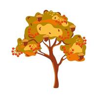 Cartoon autumn tree with acorns and red berries isolated on white background. Vector illustration of a tree.