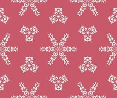 fondo de navidad. copos de nieve blancos sobre un fondo rosa. ornamento blanco de patrones sin fisuras en rosa. patrones de damasco. gráfico vectorial. para tela, azulejo, papel pintado o embalaje. vector