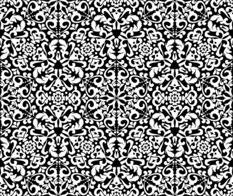 Ornate white pattern on a black background. Demaski seamless elegant pattern. Lace pattern. Black and white color. Vector graphic vintage pattern. For fabric, tile, wallpaper or packaging.