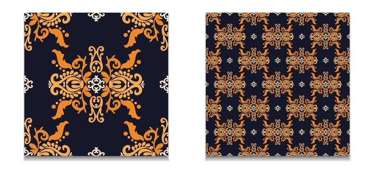 dos patrones sin fisuras de patrones antiguos. conjunto de patrones de damasco vectorial. color azul, naranja. para tela, azulejo, papel pintado o embalaje. gráficos vectoriales vector