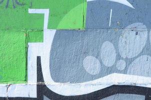 Fragment of graffiti drawings. The old wall decorated with paint stains in the style of street art culture. Colored background texture in green tones photo