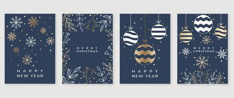 conjunto de vector de tarjeta de vacaciones de navidad y feliz año nuevo. elemento elegante de copos de nieve dorados y blancos, nieve, bolas de adorno, ramas de hojas de invierno. ilustración de diseño para portada, pancarta, tarjeta, afiche.