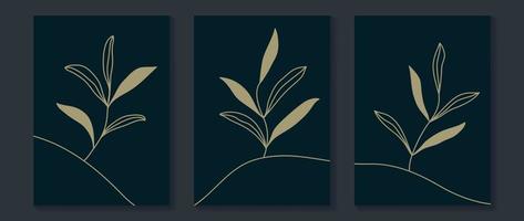 Set of abstract wall arts vector illustration. Collection of gold botanical leaf branch line art on dark blue background. Design suitable for wallpaper, home decor, cover, card, poster, banner.
