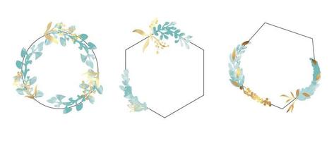Set of luxury wedding frame element vector illustration. Watercolor and gradient golden botanical leaf branch vine on geometric frame. Design suitable for frame, invitation card, poster, banner.