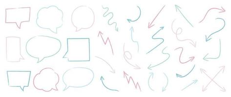 Set of speech bubble and arrow vector illustration. Collection of colorful hand drawn comic speech, talk bubble and arrow doodle style isolated on white background. Design for tattoo, sticker, print.