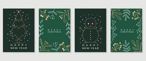 Set of christmas and happy new year holiday card vector. Elegant element line art of golden christmas tree, snow, winter leaf branches and snowman. Design illustration for cover, banner, card, poster. vector