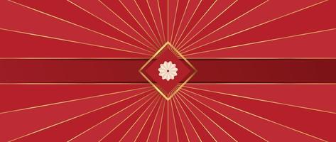 Chinese luxury background vector. Elegant decorative oriental style of flower symbol and geometric shape with gradient gold ray line on red background. Design illustration for wallpaper, card, poster. vector