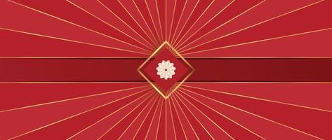 vector de fondo de lujo chino. elegante estilo oriental decorativo de símbolo de flor y forma geométrica con línea de rayos dorados degradados sobre fondo rojo. ilustración de diseño para papel tapiz, tarjeta, afiche.