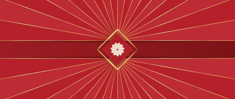 Chinese luxury background vector. Elegant decorative oriental style of flower symbol and geometric shape with gradient gold ray line on red background. Design illustration for wallpaper, card, poster.