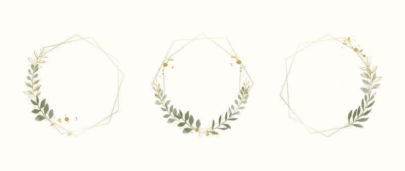 Set of luxury wedding frame element vector illustration. Watercolor and golden leaf branch with polygonal frame and brush stroke texture. Design suitable for frame, invitation card, poster, banner.