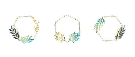 Set of luxury wedding frame element vector illustration. Watercolor and golden leaf branch wreath with polygonal frame and brush stroke. Design suitable for frame, invitation card, poster, banner.