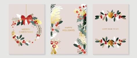 Set of christmas and happy new year holiday card vector. Elegant element of watercolor golden winter leaf wreath, pine leaves with bow ribbon. Design illustration for cover, banner, card, poster. vector