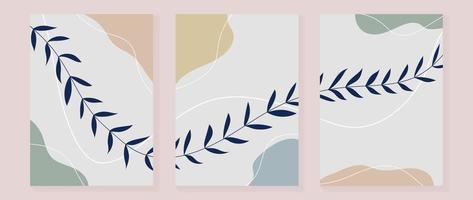 Set of abstract wall arts vector illustration. Collection of vine leaf branch, abstract earth tone color organic shape and white line art. Design suitable for wallpaper, cover, card, poster, banner.