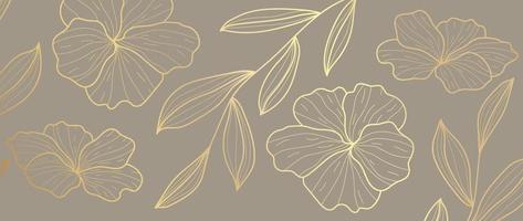 Luxury floral golden line art wallpaper. Elegant blooming flowers and leaf branch pattern background. Design illustration for decorative, card, home decor, website, packaging, print, cover, banner. vector