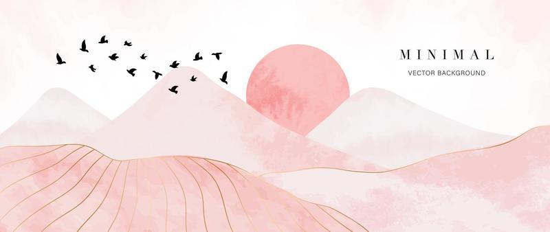 Mountain and golden line arts background vector. Luxury landscape, birds, sun background with watercolor brush and gold line texture. Abstract art wallpaper design for print, wall art and home decor.