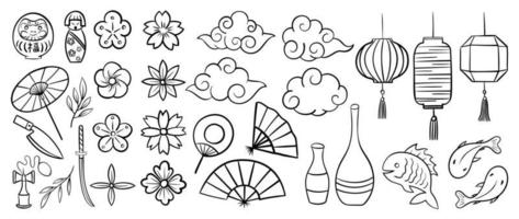 New year element japanese style vector set. Hand drawn doodle collection of Japanese daruma, flowers, clouds, lanterns, kendama toy, katana sword, fish, sake bottle. Design for sticker, stamp, card.
