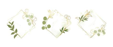 Set of luxury wedding frame element vector illustration. Watercolor eucalyptus leaf branch wreath with golden square frame and brush stroke. Design suitable for frame, invitation card, poster, banner.