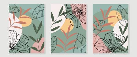 Set of abstract botanical wall arts vector illustration. Collection of flower and leaf branch line art on colorful background. Design suitable for wallpaper, home decor, cover, card, poster, banner.