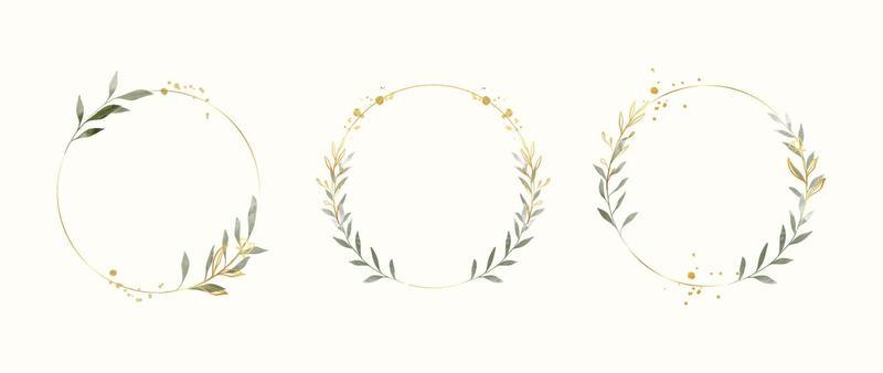 Set of luxury wedding frame element vector illustration. Watercolor and golden leaf branch with circle frame and brush stroke texture. Design suitable for frame, invitation card, poster, banner.