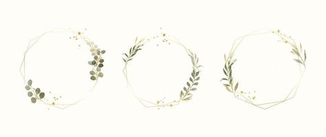 Set of luxury wedding frame element vector illustration. Watercolor and golden leaf branch with polygonal frame and brush stroke texture. Design suitable for frame, invitation card, poster, banner.