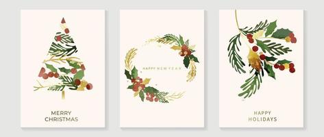 Set of christmas and happy new year holiday card vector. Elegant element of watercolor and gold winter leaf wreath, pine leaves christmas tree. Design illustration for cover, banner, card, poster. vector