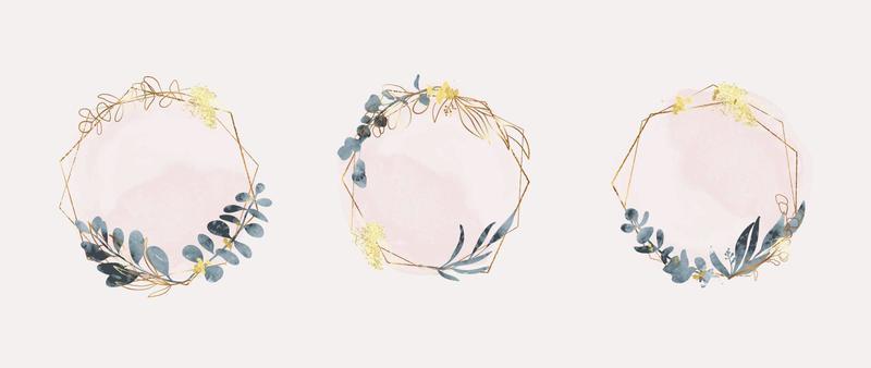 Set of luxury wedding frame element vector illustration. Watercolor and golden leaf branch with polygonal frame and brush stroke texture. Design suitable for frame, invitation card, poster, banner.