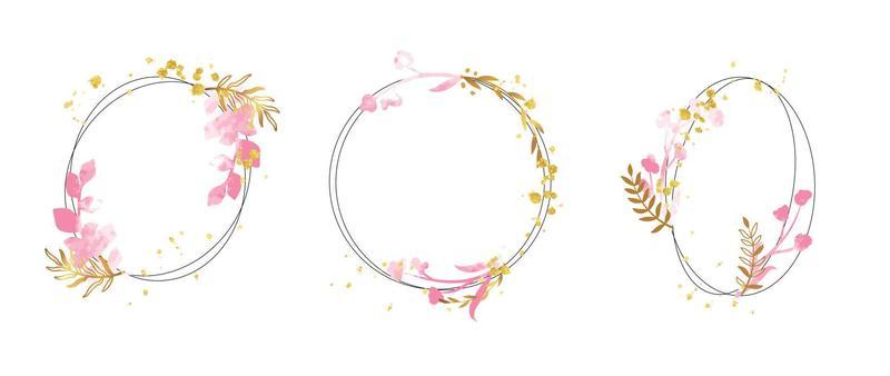 Set of luxury wedding frame element vector illustration. Watercolor and golden leaf branch with circle frame and brush stroke texture. Design suitable for frame, invitation card, poster, banner.