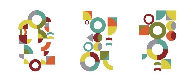 Set of geometric pattern element in mid-century style. Retro abstract collection of colorful circle, curve, square and triangle shapes. Modern trendy design for cover, business card, poster, wall art.