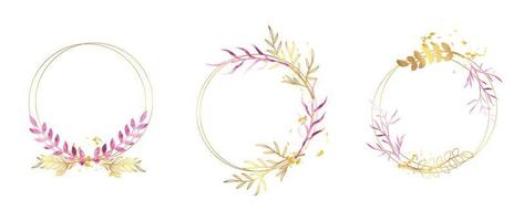 Set of luxury wedding frame element vector illustration. Watercolor and golden leaf branch with circle frame and brush stroke texture. Design suitable for frame, invitation card, poster, banner.