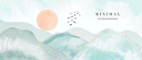 Mountain and golden line arts background vector. Luxury landscape, birds, sun background with watercolor brush and gold line texture. Abstract art wallpaper design for print, wall art and home decor. vector