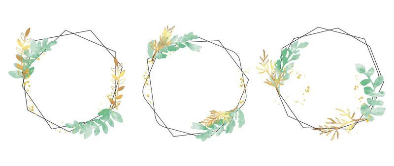 Set of luxury wedding frame element vector illustration. Watercolor and golden leaf branch with polygonal frame and brush stroke texture. Design suitable for frame, invitation card, poster, banner.