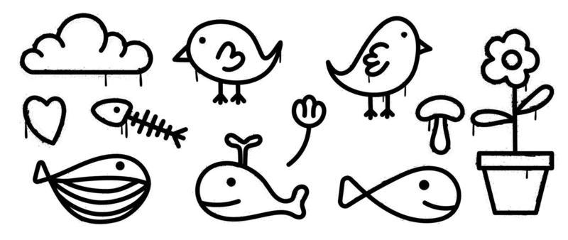 Set of graffiti spray pattern vector illustration. Collection of spray texture cloud, birds, flowers, heart, whales and fish bone. Elements on white background for banner, decoration, street art.