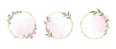 Set of luxury wedding frame element vector illustration. Watercolor floral leaf branch wreath with golden circle frame and brush stroke. Design suitable for frame, invitation card, poster, banner.