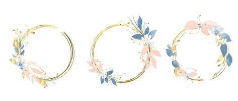 Set of luxury wedding frame element vector illustration. Watercolor floral leaf branch wreath with golden circle frame and brush stroke. Design suitable for frame, invitation card, poster, banner.