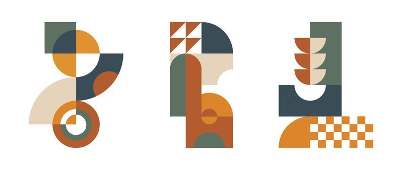 Set of geometric pattern element in mid-century style. Retro abstract collection of colorful circle, curve, arch, square grid shapes. Modern trendy design for cover, business card, poster, wall art.