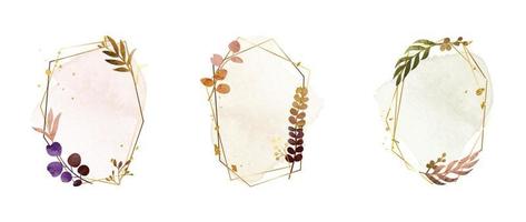 Set of luxury wedding frame element vector illustration. Watercolor and golden leaf branch with polygonal frame and brush stroke texture. Design suitable for frame, invitation card, poster, banner.