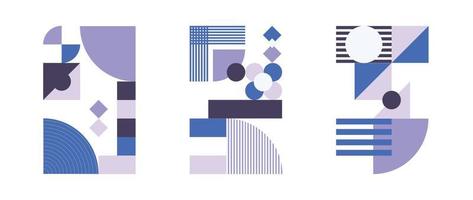 Set of geometric pattern element in mid-century style. Retro abstract blue and purple color collection of circle, square, stripe lines. Modern trendy design for cover, business card, poster, wall art.