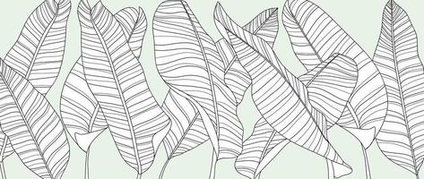 Botanical foliage line art background vector illustration. Tropical palm leaves pattern background line art. Design for wallpaper, home decor, website, packaging, print, poster, cover, banner.